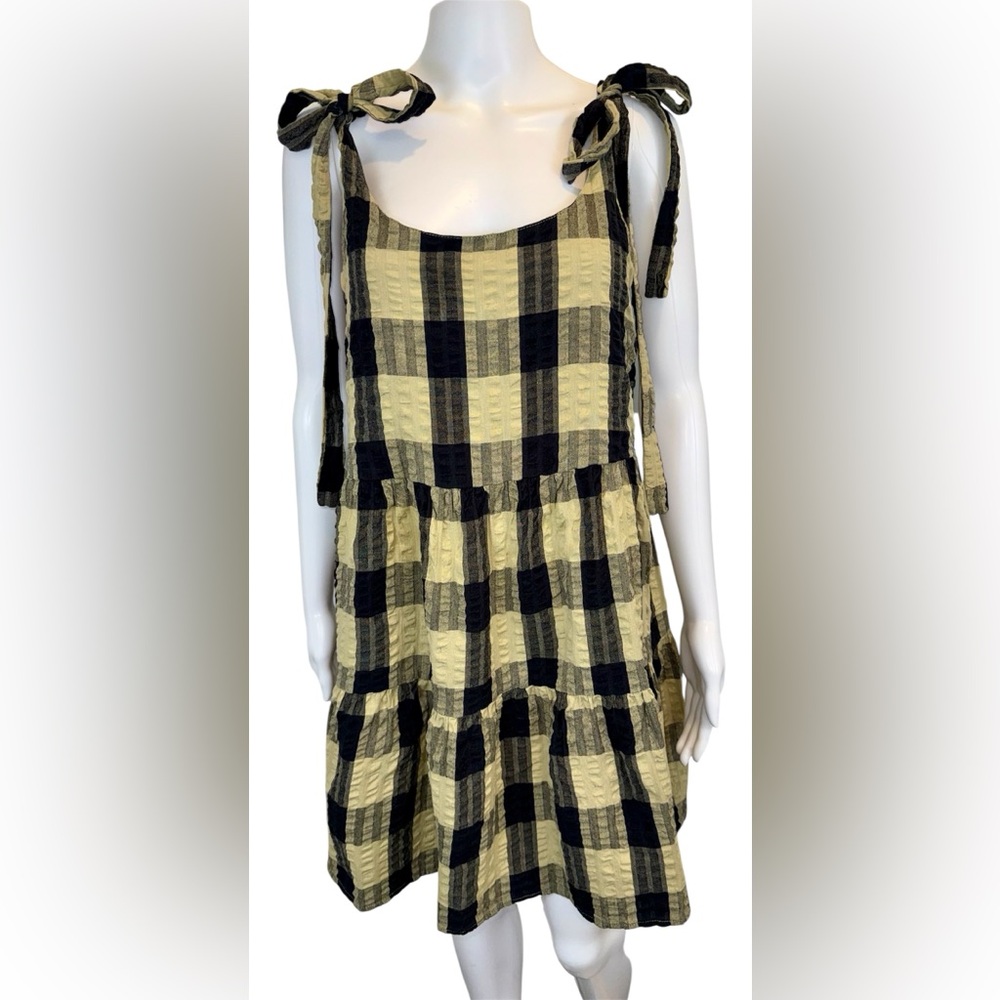 ASOS Plaid Tie-Shoulder Mini Dress Size 6 Gingham Black and Tan Oversized